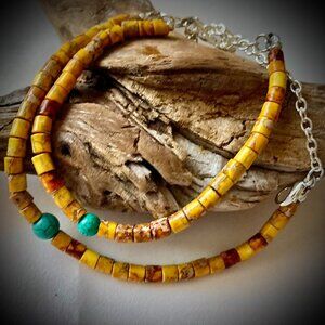 Yellow Sediment Jasper and Green Turquoise Gemstone, Set of Two Bracelets,